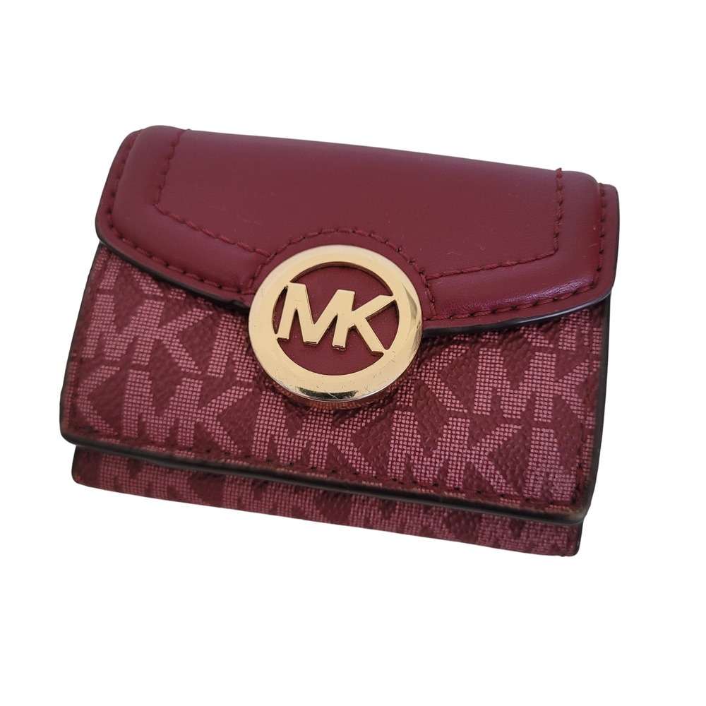 Michael Kors Fulton Trifold Wallet Burgundy Monogram Logo Gold Hardware Small